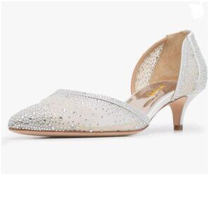 XYD Ivory Pointed Toe D'Orsay Kitten Heel Rhinestone Studs Pump Slip-On Shoes